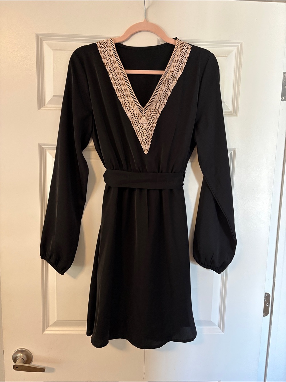Black V-Neck Long Sleeve Dress with Crochet Trim